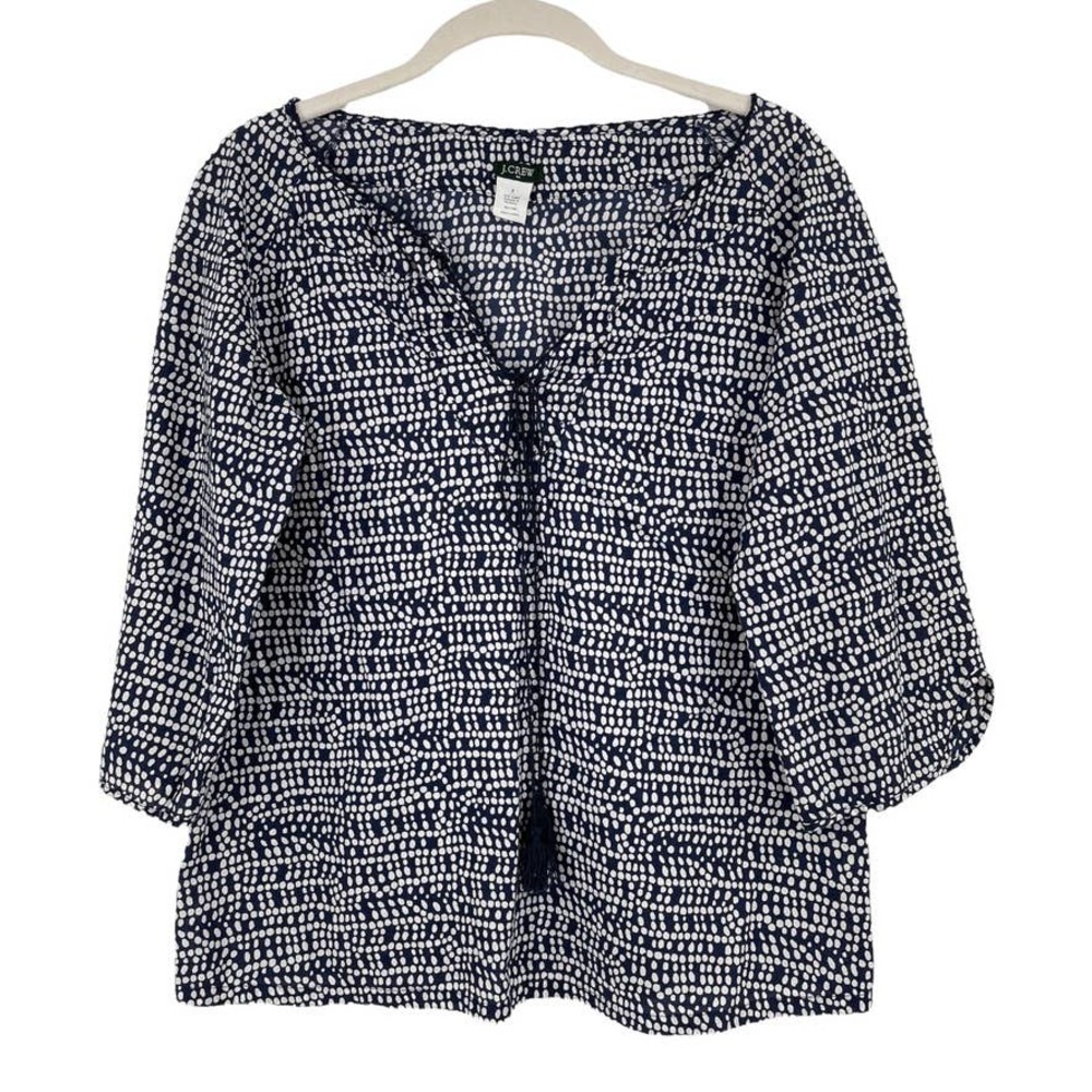 J.CREW Cotton Blouse Top 3/4 SleeveTassel V-neck Navy White - Size Small